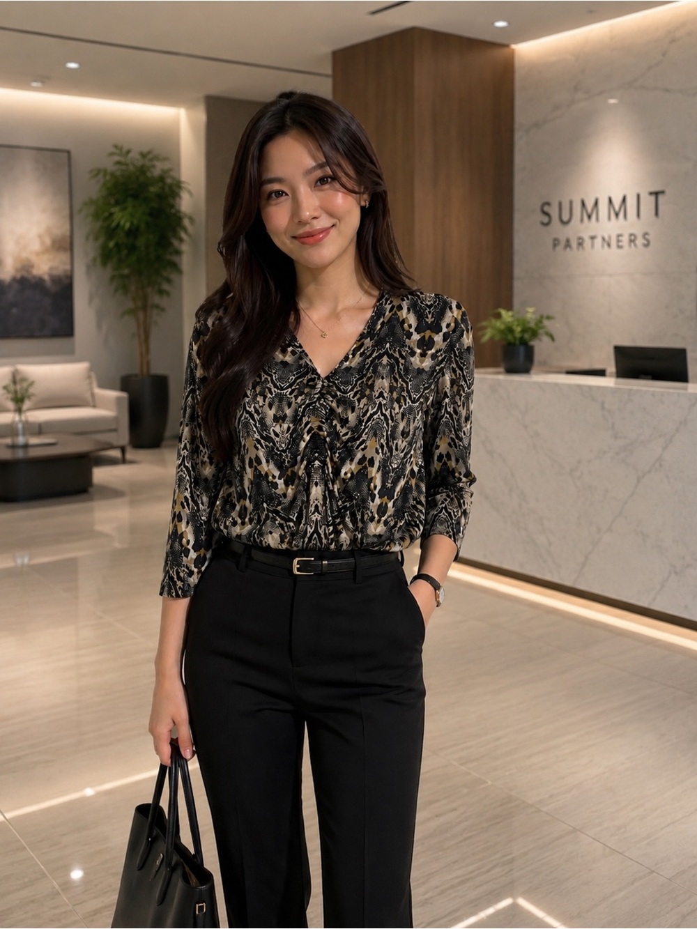Alfani Black and Tan Animal-Print V-Neck Blouse